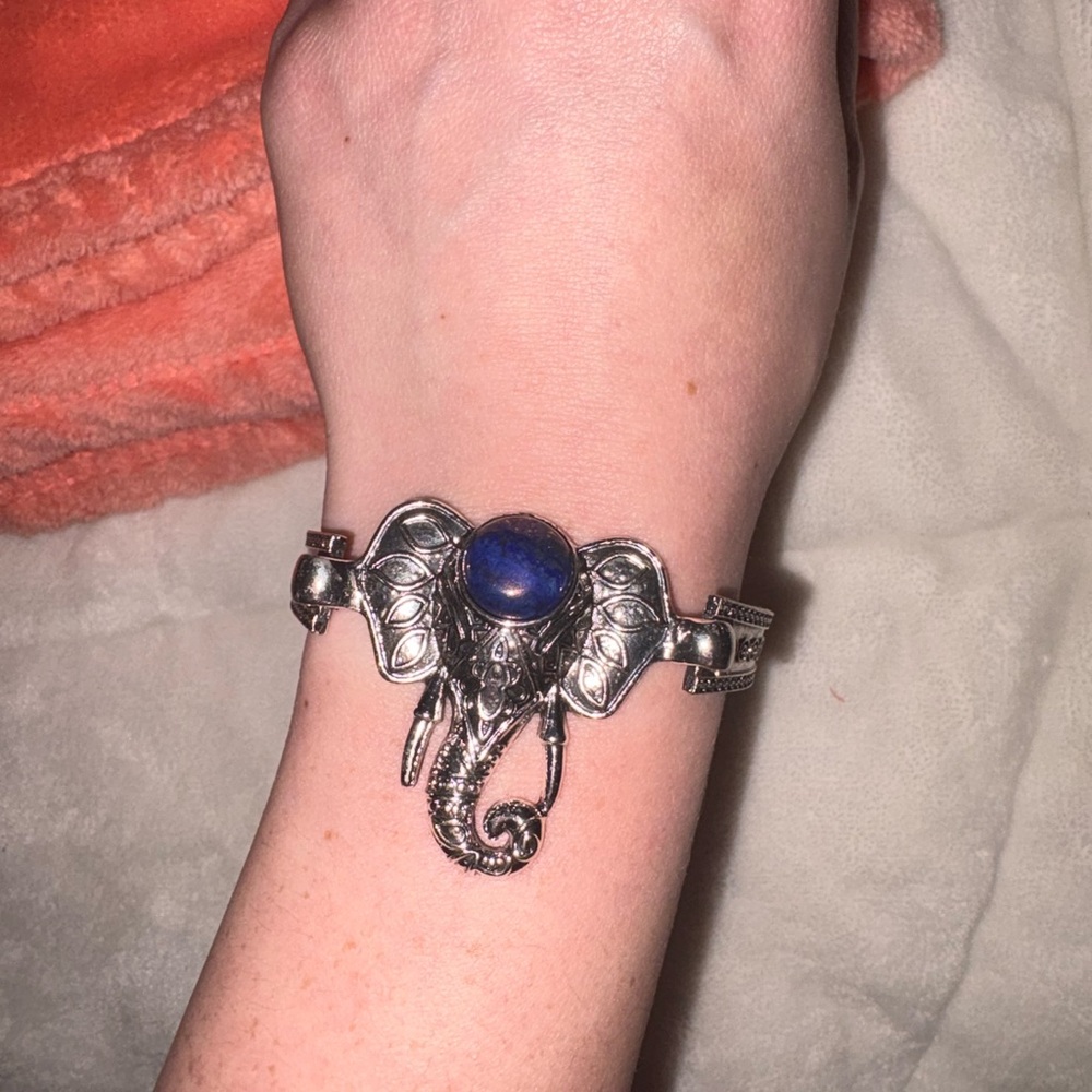 Silver Elephant Bracelet with Blue Stone